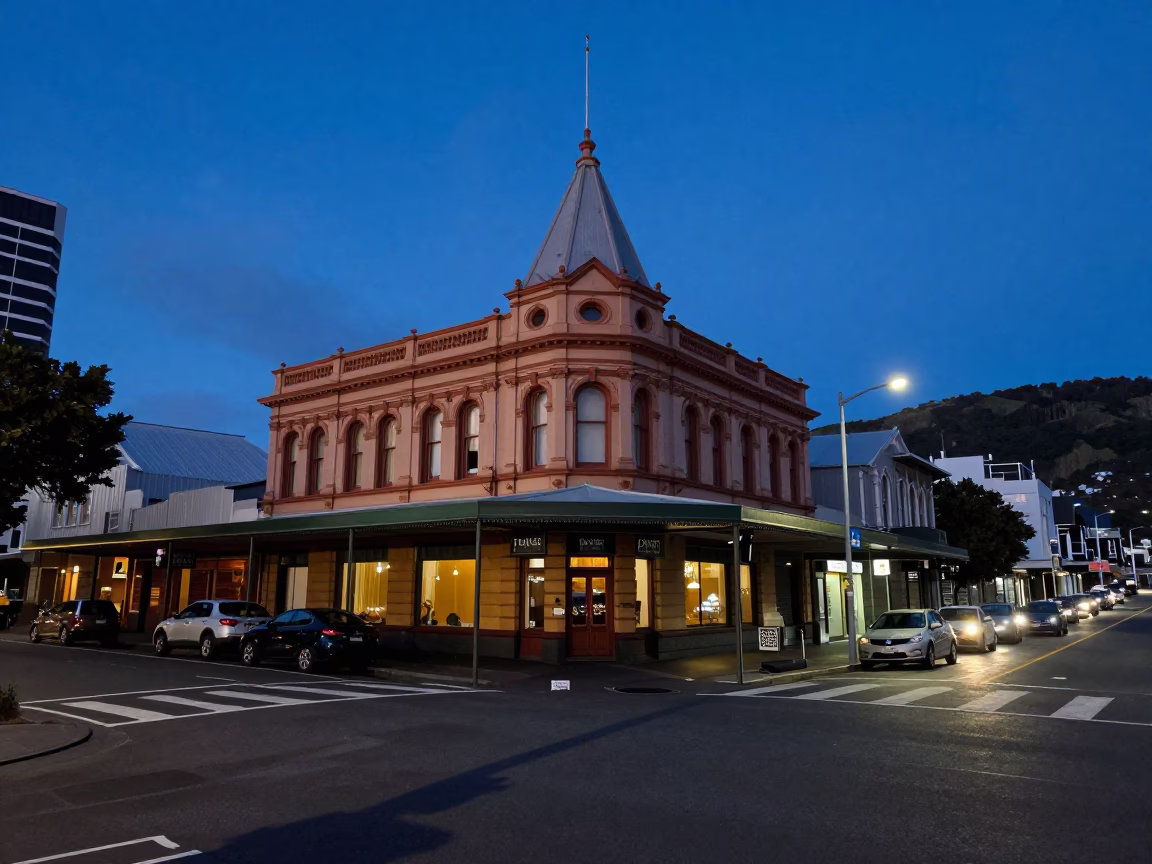 Street Corner in Wellington at Indigo Twilight After Sunset in in Wellington, New Zealand