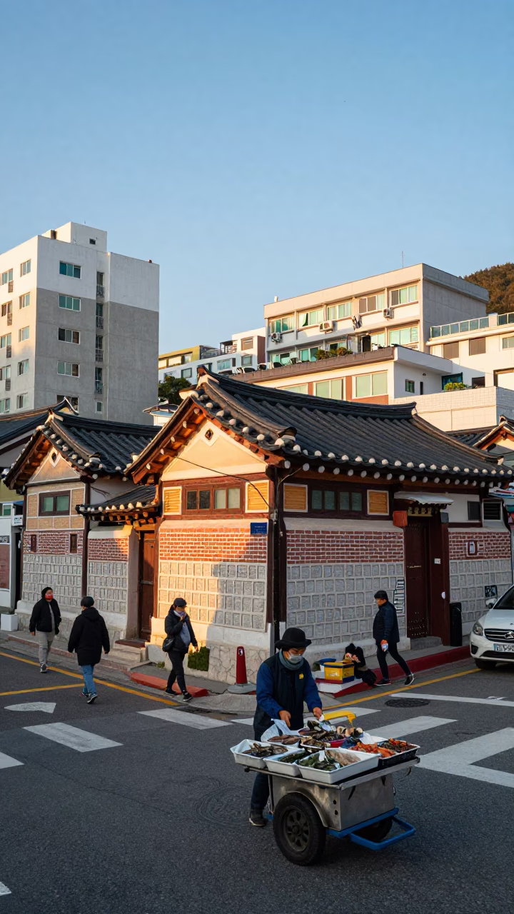Street Corner just after sunrise in Busan in in Busan, South Korea