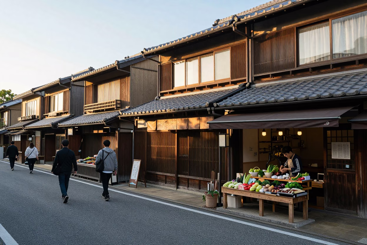 Street Corner just after sunrise in Kyoto in in Kyoto, Japan