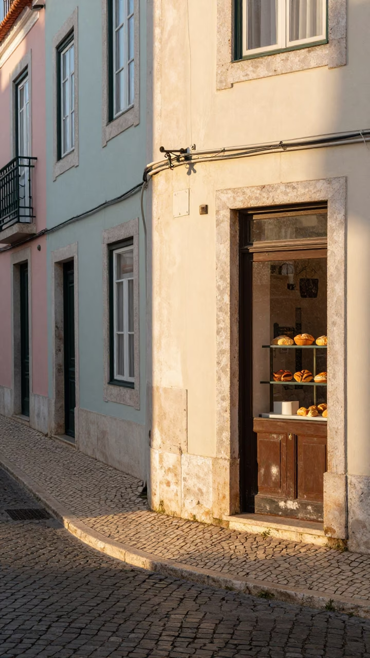 Street Corner just after sunrise in Lisbon in in Lisbon, Portugal