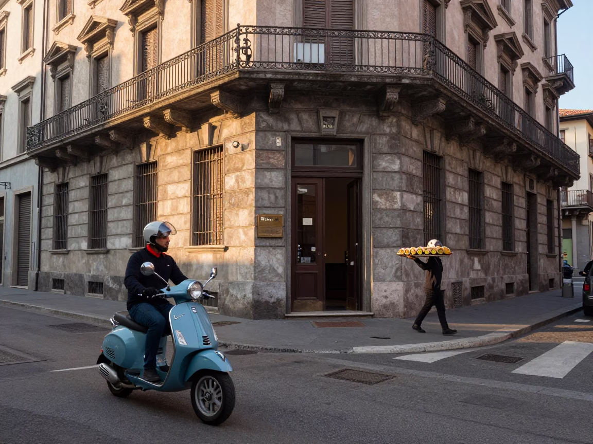 Street Corner just after sunrise in Milan in in Milan, Italy