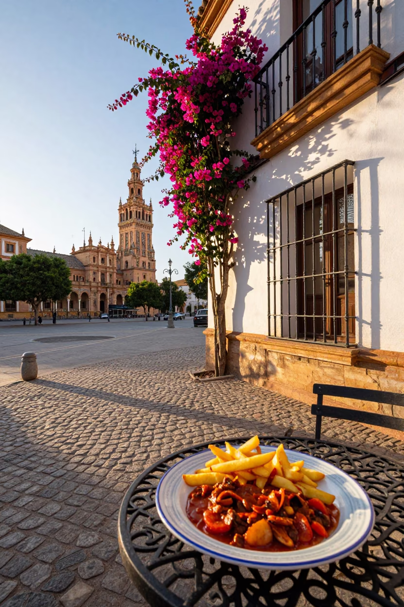 Street Corner just after sunrise in Seville in in Seville, Spain