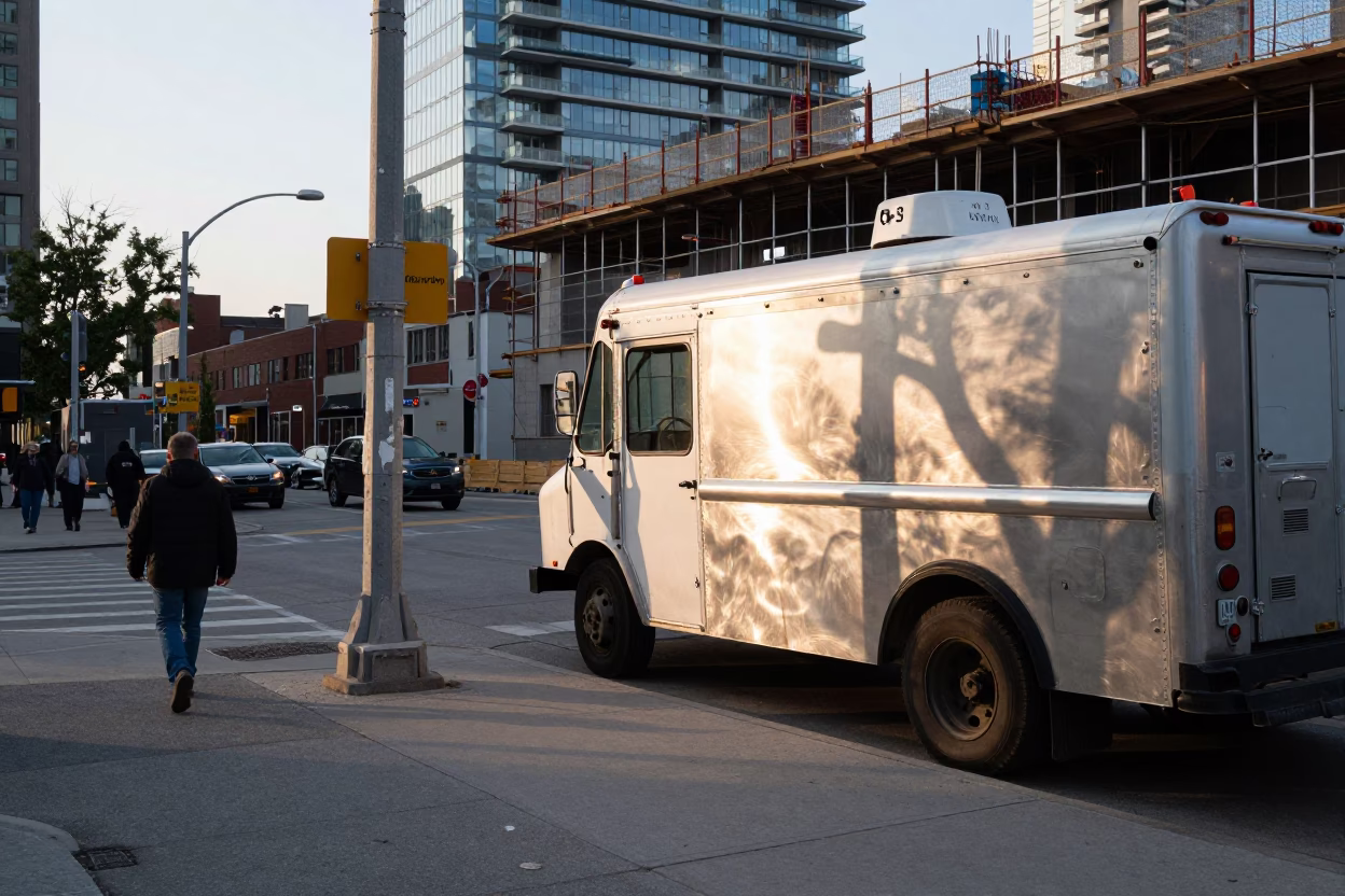 Street Corner just after sunrise in Toronto in in Toronto, Ontario, Canada