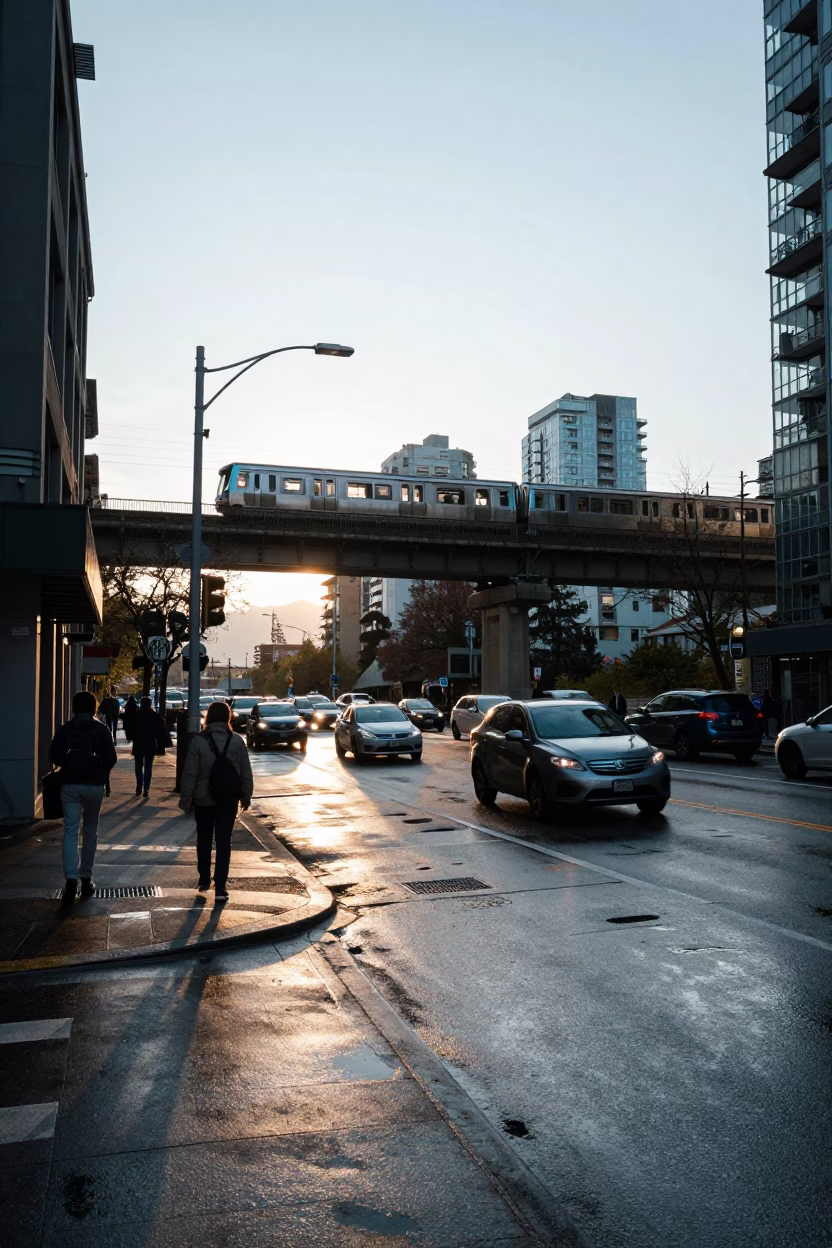 Street Corner just after sunrise in Vancouver in in Vancouver, British Columbia, Canada