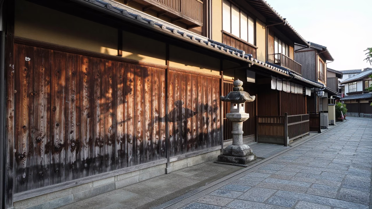 Street Details in Kyoto at As First Light Reaches The Scene in in Kyoto, Japan