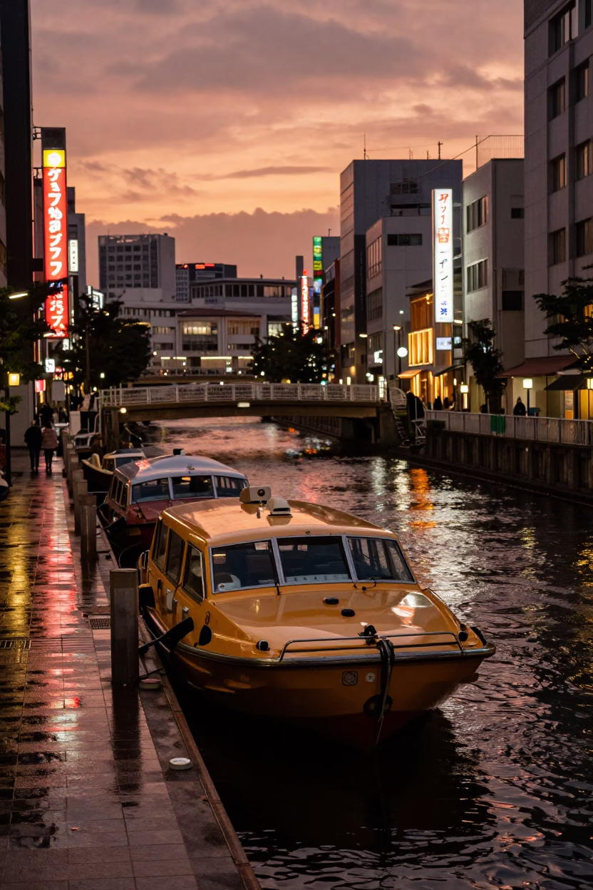 Street Details in Tokyo at Copper-toned Light Before Dusk in in Tokyo, Japan