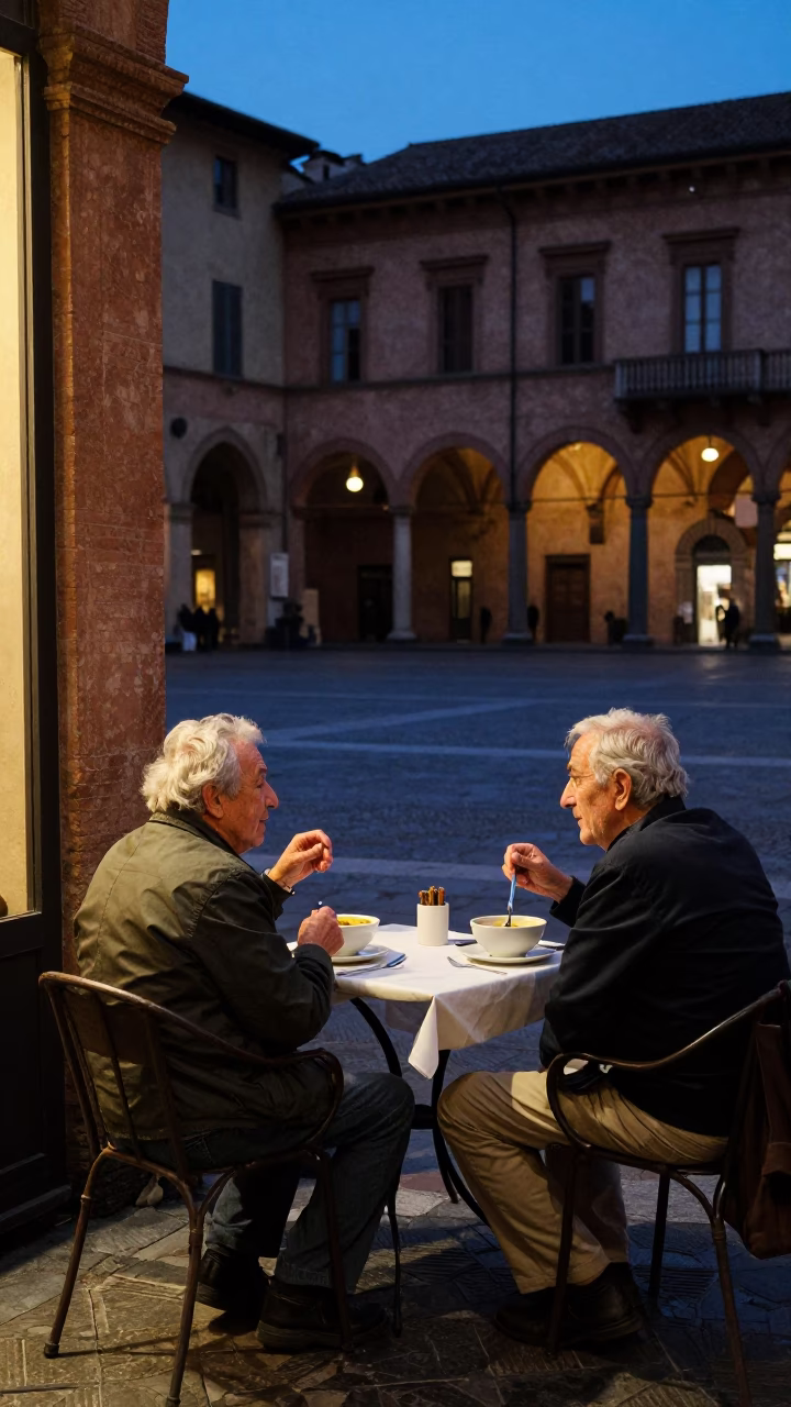 Street Dining in Bologna at Twilight in in Bologna, Italy