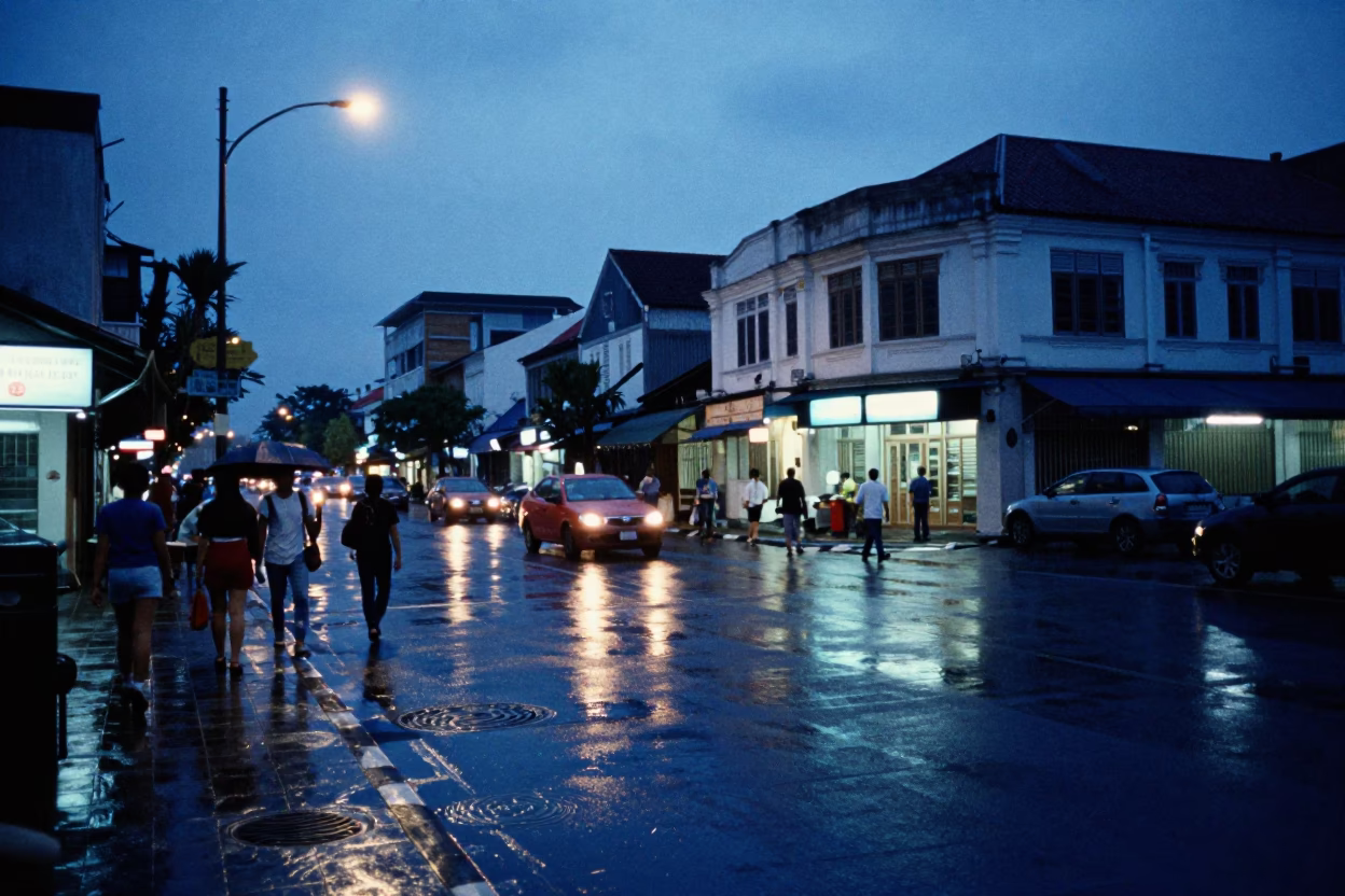 Street Evening at The Last Blue Light Of Evening in Surabaya in in Surabaya, Indonesia