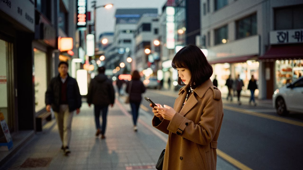 Street Fashion in Seoul at As City Lights Begin To Glow in in Seoul, South Korea