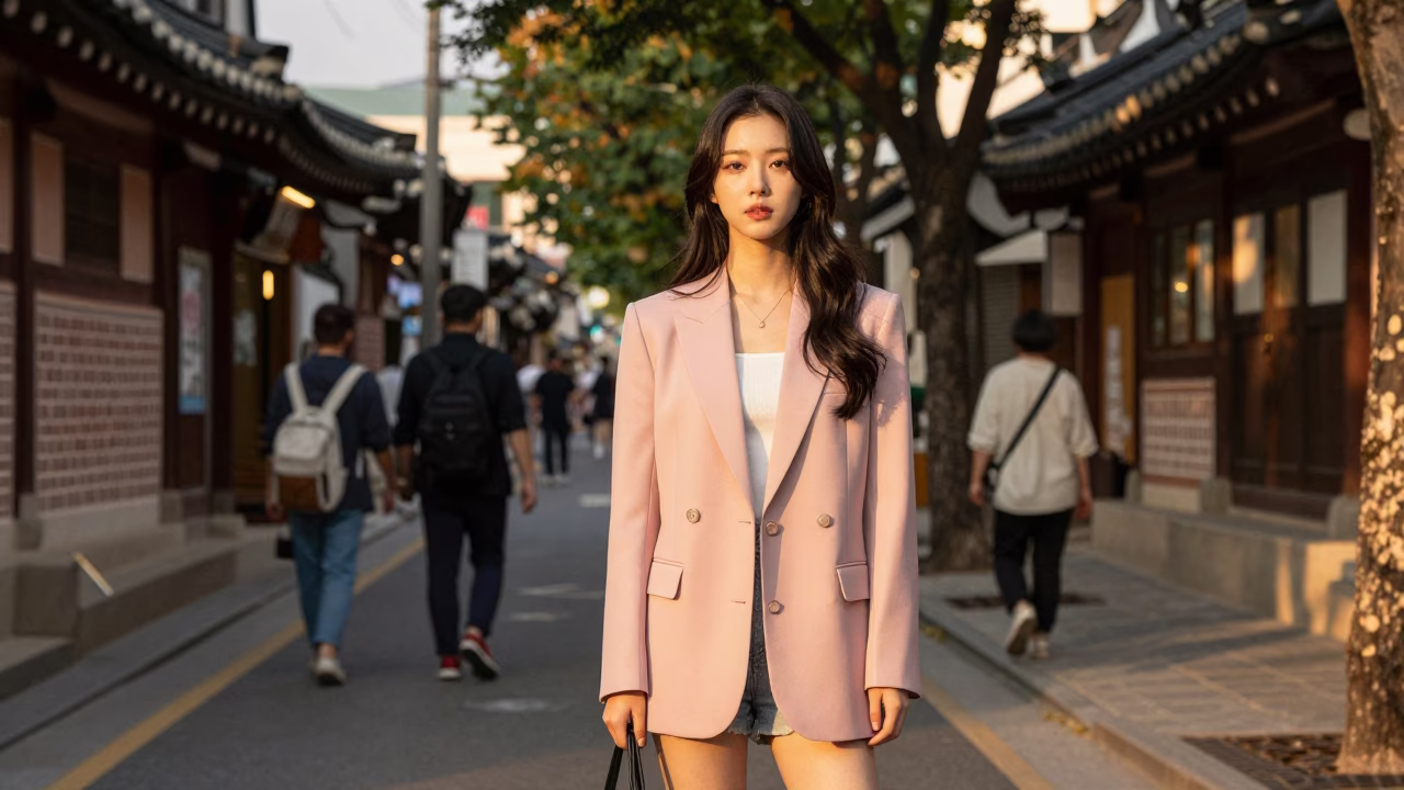 Street Fashion in Seoul at Honeyed Evening Light in in Seoul, South Korea