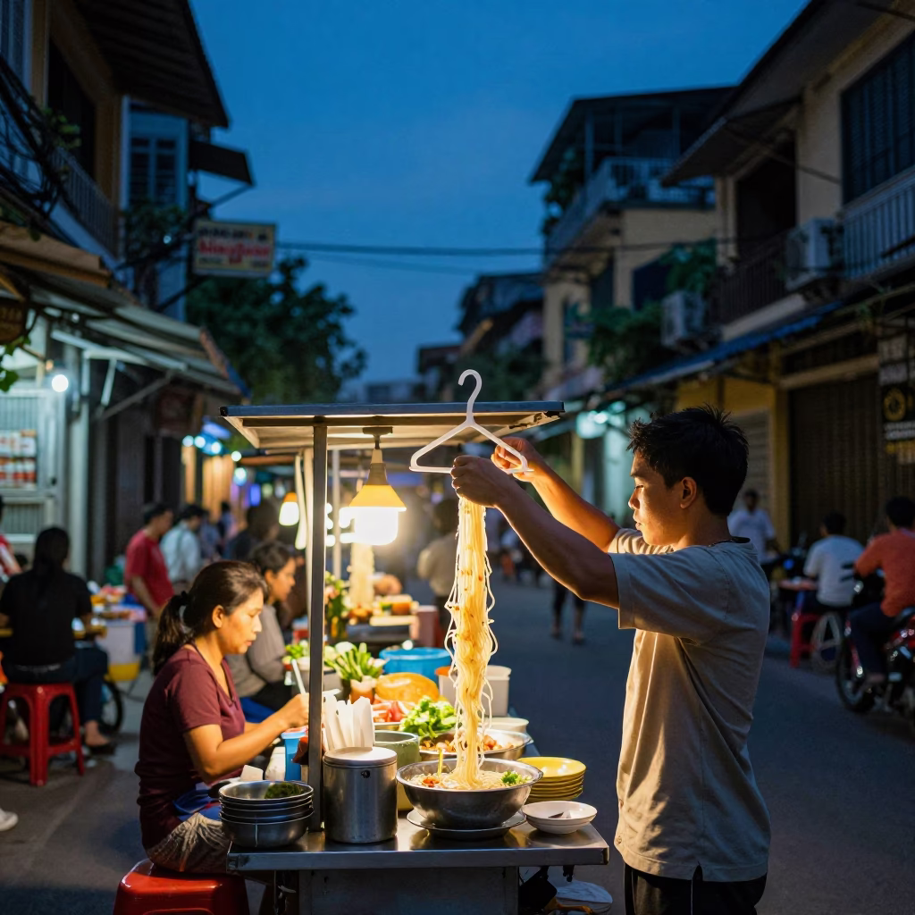 Street Food in Hanoi at Indigo Twilight After Sunset in in Hanoi, Vietnam
