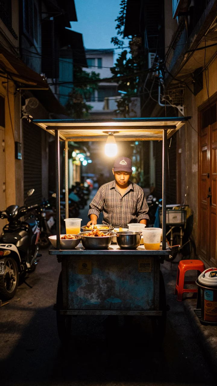 Street Food in Hanoi at Late At Night Light in in Hanoi, Vietnam