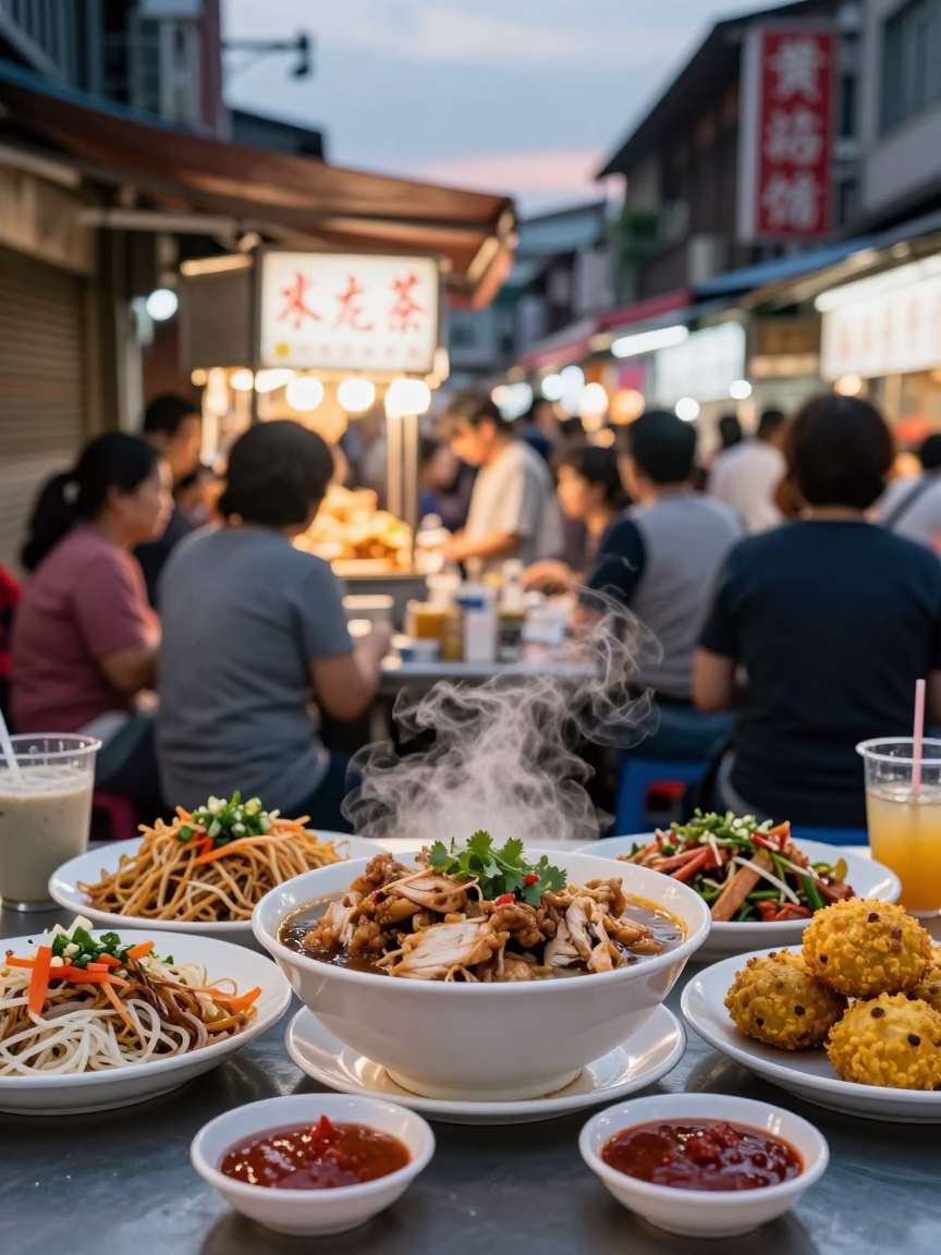 Street Food in Tainan at The Early Evening Light in in Tainan, Taiwan