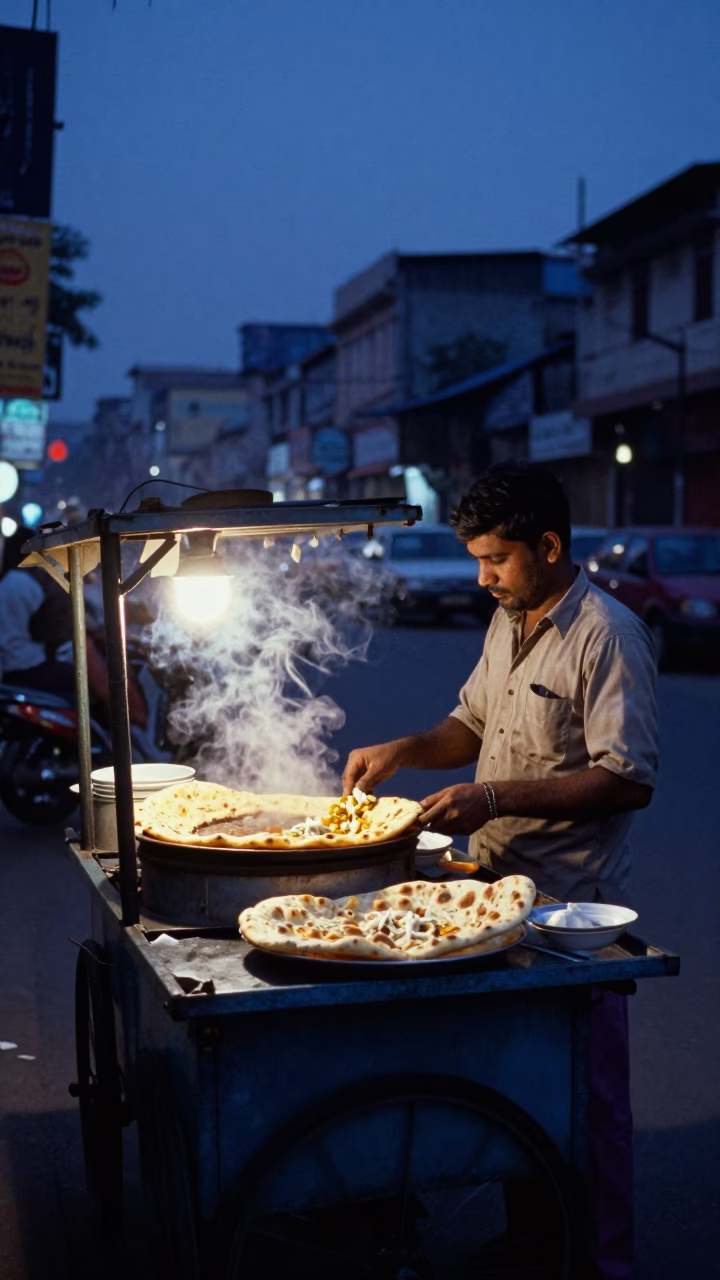 Street Food Stall in Delhi India at Twilight with Naan and Tea Stains in in Delhi, India