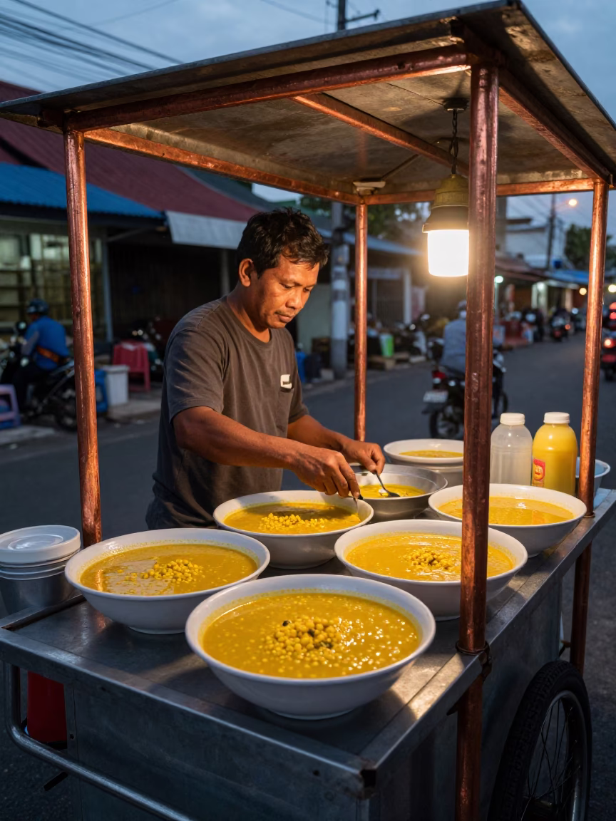 Street Food Stall in Denpasar Indonesia with Bowl of Dal and Naan in in Denpasar, Indonesia