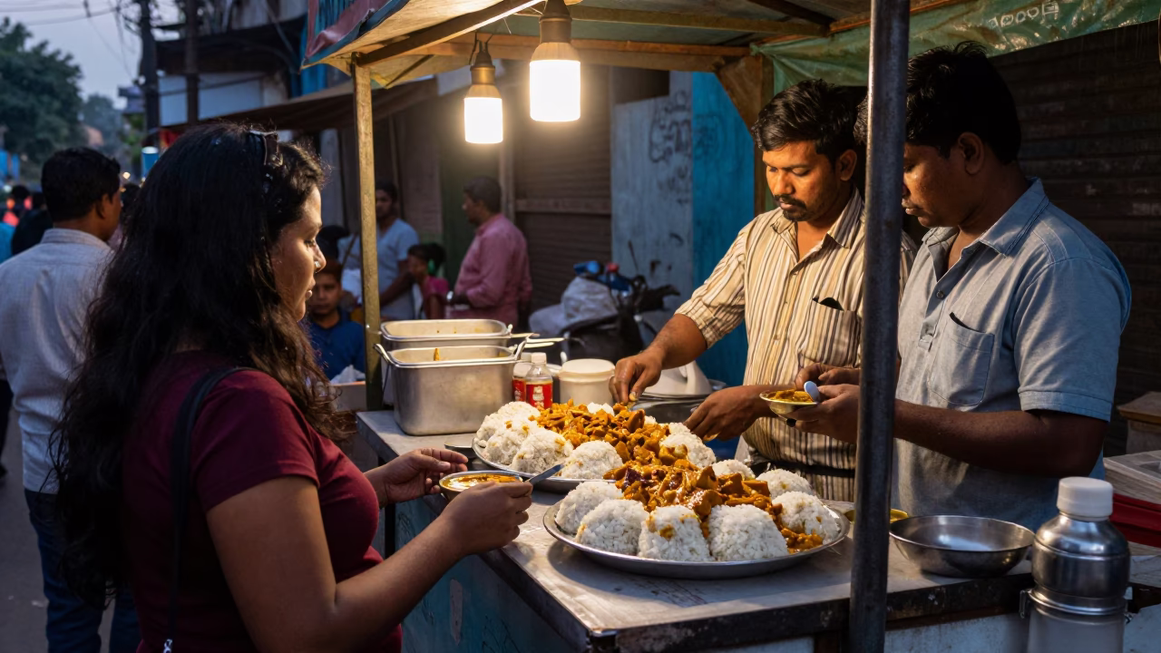Street Food Stall in Kolkata India Evening Plate of Bunny Chow Curry in in Kolkata, India