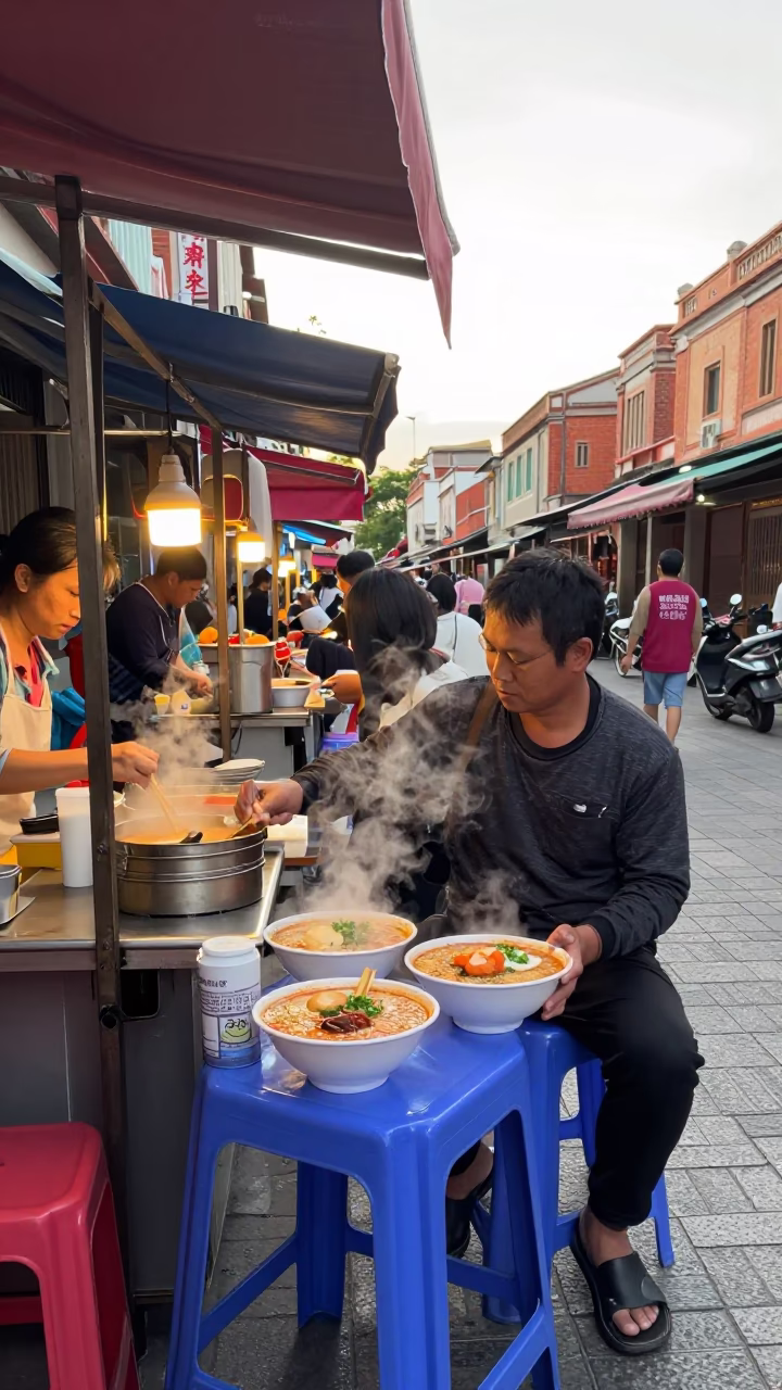 Street Food Stall in Tainan Taiwan Early Afternoon with Laksa and Pastries in in Tainan, Taiwan