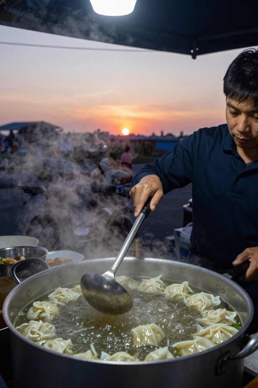 Street Food Vendor Cooking Wonton Noodles at Dusk in Tainan Taiwan in in Tainan, Taiwan