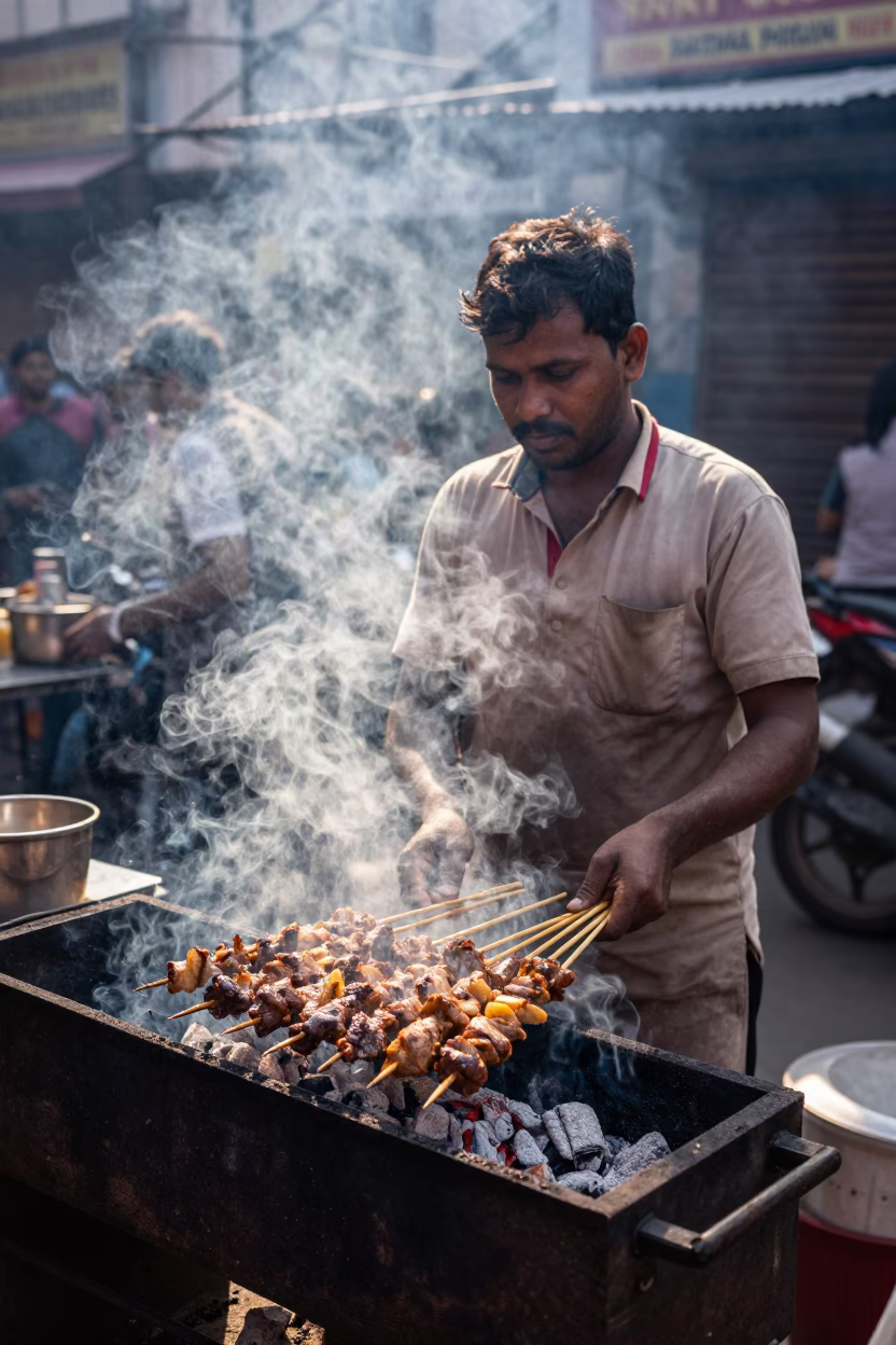 Street Food Vendor Grilling Kebabs Over Coals in Kolkata India Late Morning in in Kolkata, India