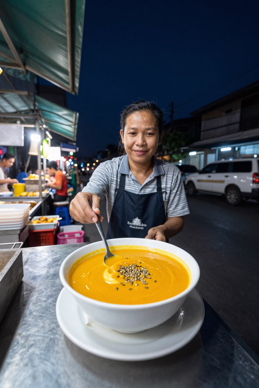 Street Food Vendor in Bangkok at Night with Pumpkin Soup and Blue Porcelain in in Bangkok, Thailand