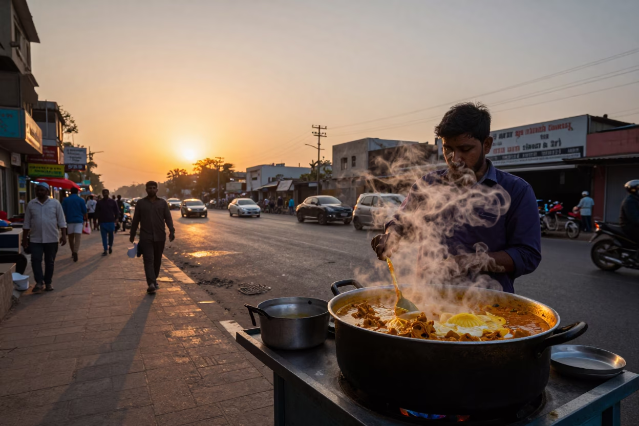 Street Food Vendor in Delhi India Serving Bubbling Curry at Sunset in in Delhi, India