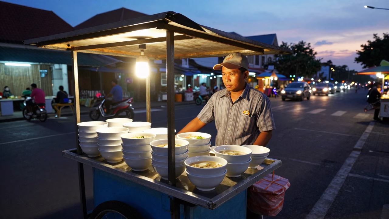 Street Food Vendor in Denpasar Indonesia at Dusk with Soup Bowls and Glass Tumblers in in Denpasar, Indonesia