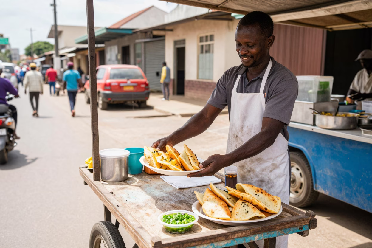 Street Food Vendor in Durban Serving Aloo Tikki and Chutneys at Midday in in Durban, South Africa