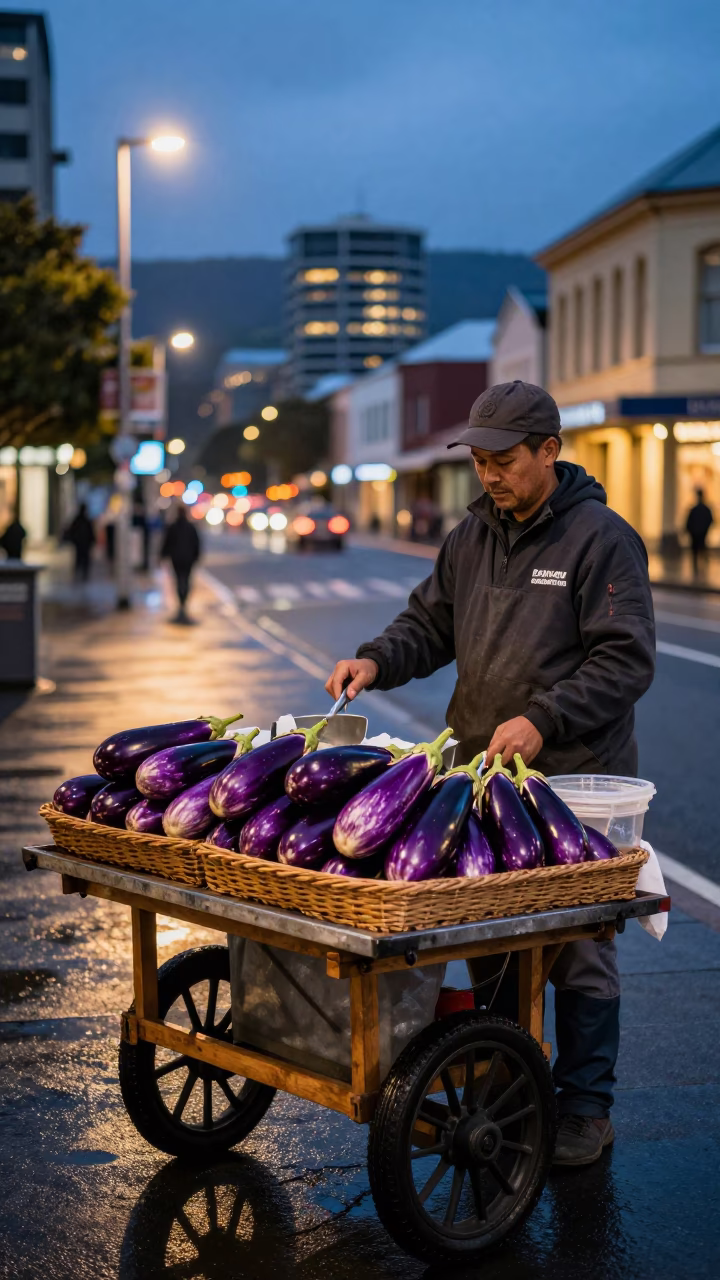 Street Food Vendor in Hobart Tasmania Australia Selling Eggplants at Dusk in in Hobart, Tasmania, Australia