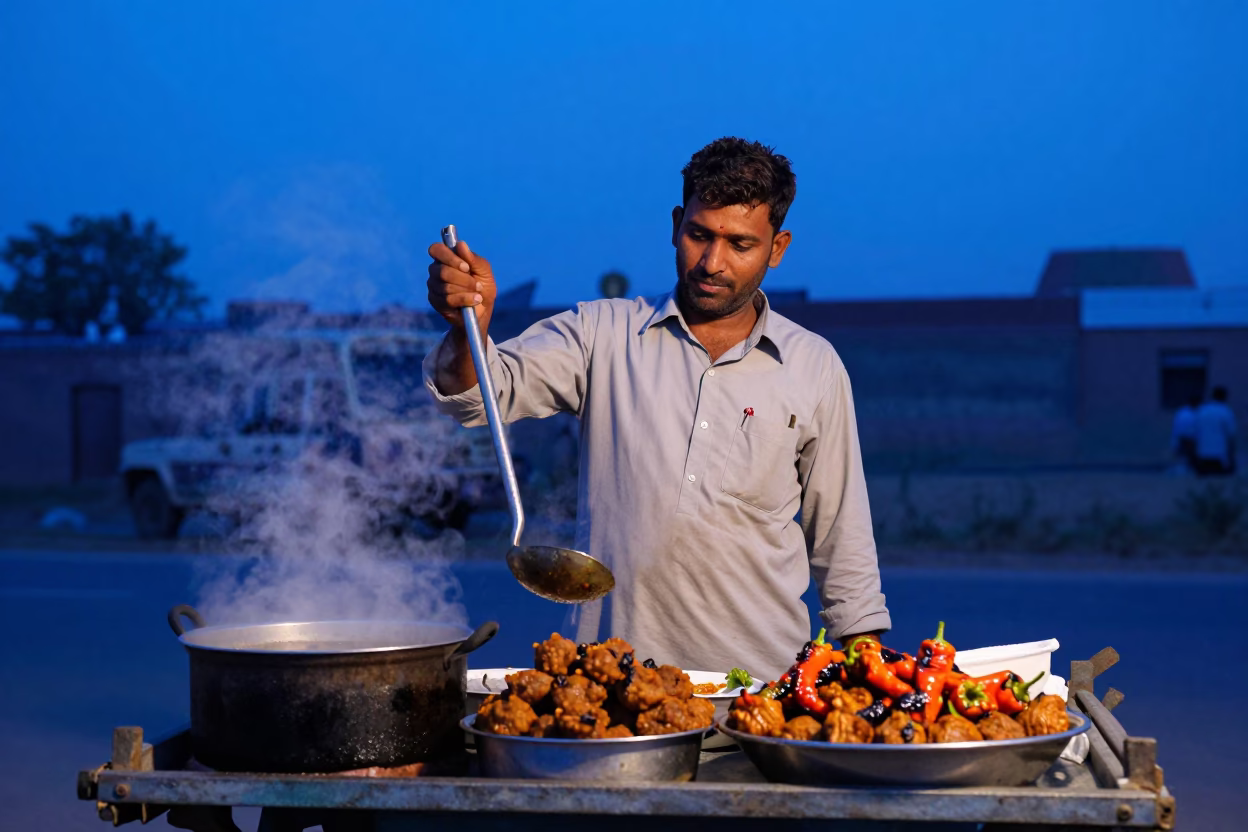 Street Food Vendor in Jaipur Evening Twilight with Ladle and Folding Stools in in Jaipur, India