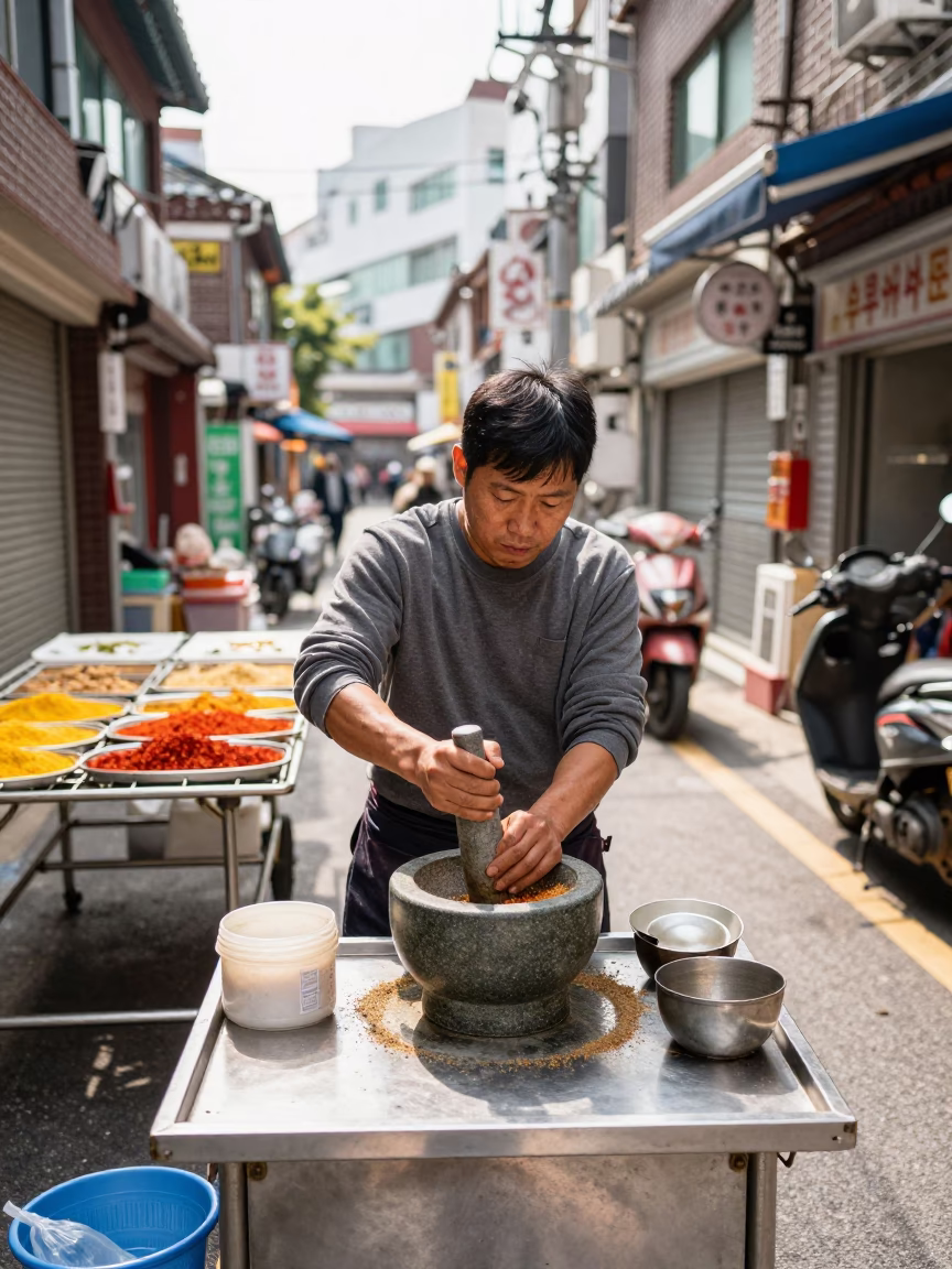 Street Food Vendor in Seoul Midmorning with Drying Rack and Linen Napkin in in Seoul, South Korea