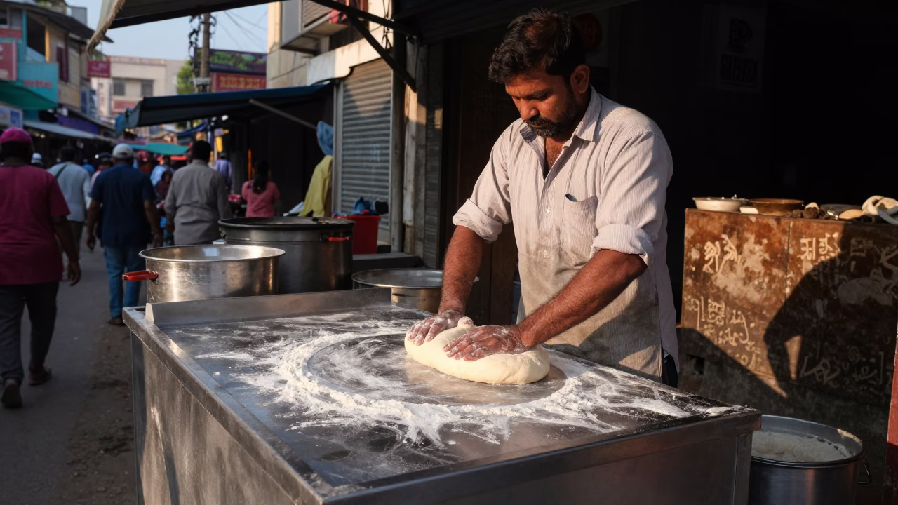 Street Food Vendor Kneading Dough in Late Afternoon Hyderabad India in in Hyderabad, India