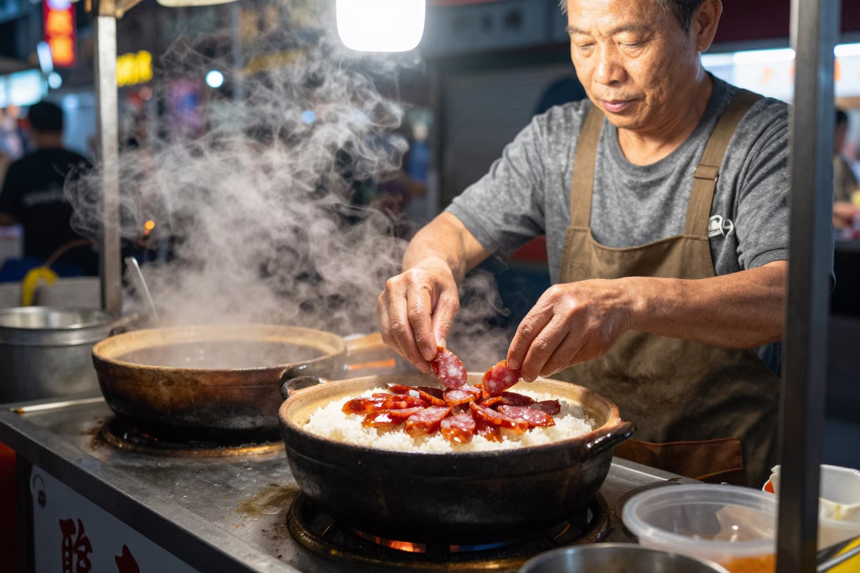 Street food vendor preparing claypot rice with Chinese sausage in Tainan Taiwan evening in in Tainan, Taiwan