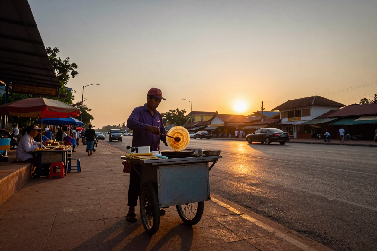 Street Food Vendor Preparing Jjianbing Crepes at Sunset in Phnom Penh Cambodia in in Phnom Penh, Cambodia
