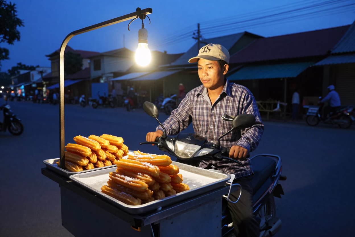 Street Food Vendor Selling Churros in Hanoi Vietnam During Blue Hour in in Hanoi, Vietnam