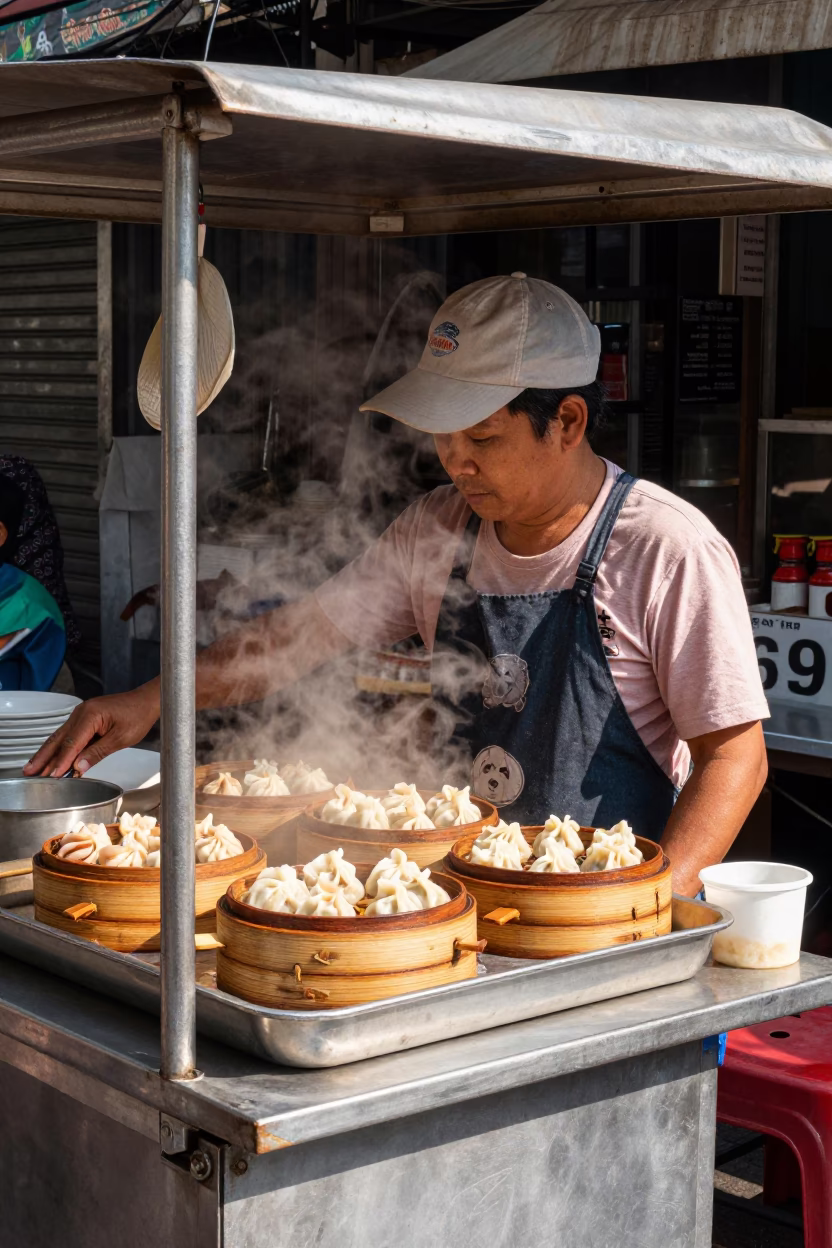 Street food vendor selling dim sum under noon glare in Bangkok Thailand in in Bangkok, Thailand