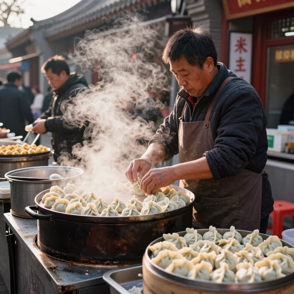 Street Food Vendor Selling Dumplings and Garlic Press in Beijing Early Afternoon in in Beijing, China