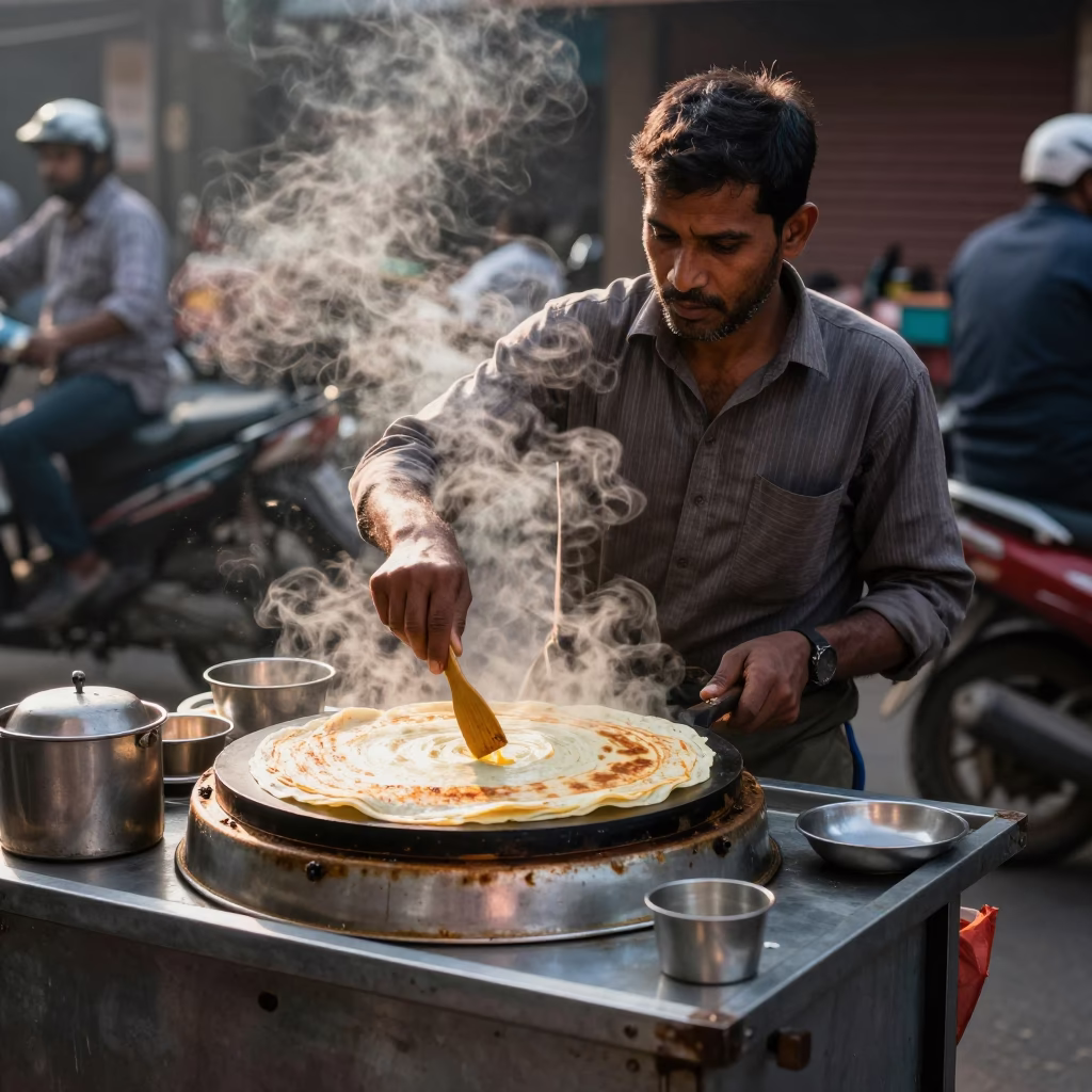 Street Food Vendor Selling Jianbing Crepes in Early Afternoon Delhi India in in Delhi, India