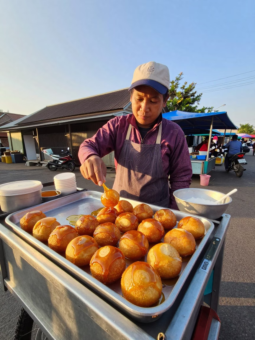 Street Food Vendor Selling Loukoumades Honey Sweets in Chiang Mai Thailand Late Afternoon in in Chiang Mai, Thailand