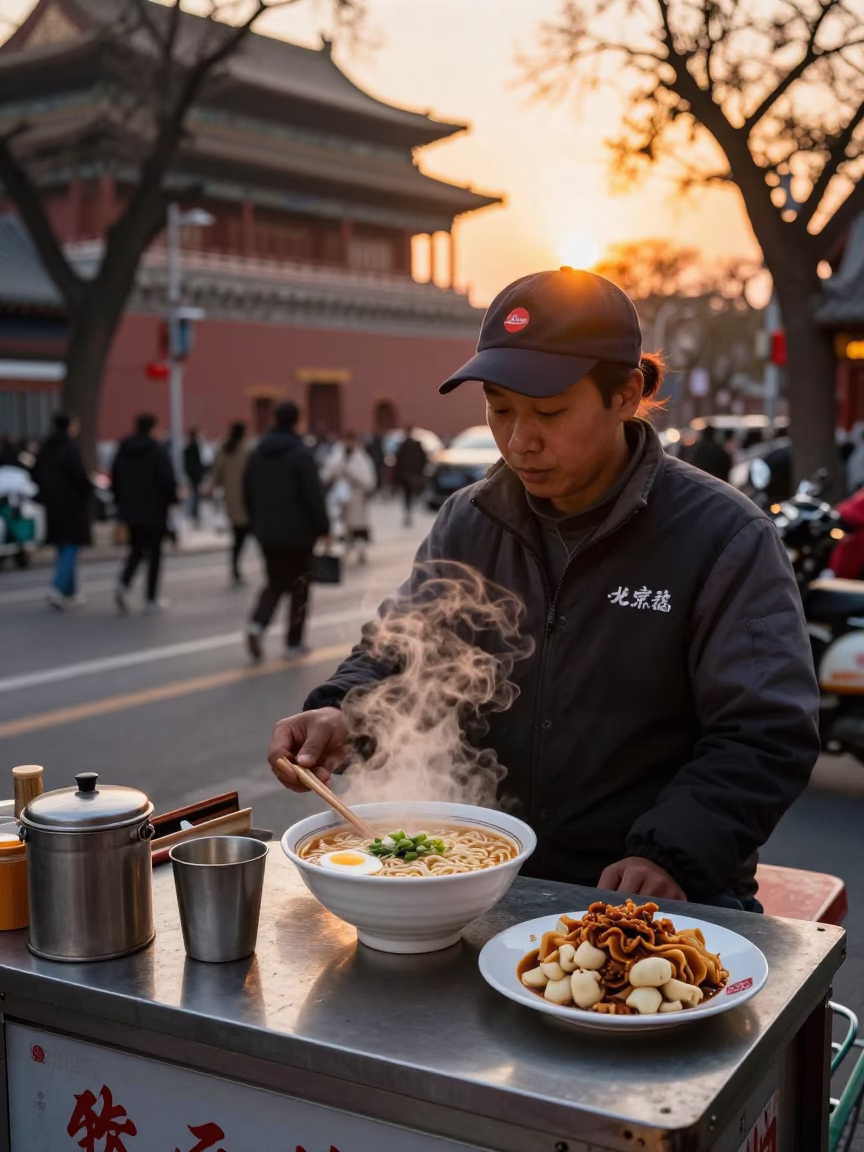 Street Food Vendor Selling Ramen and Gallo Pinto in Beijing at Sunset in in Beijing, China