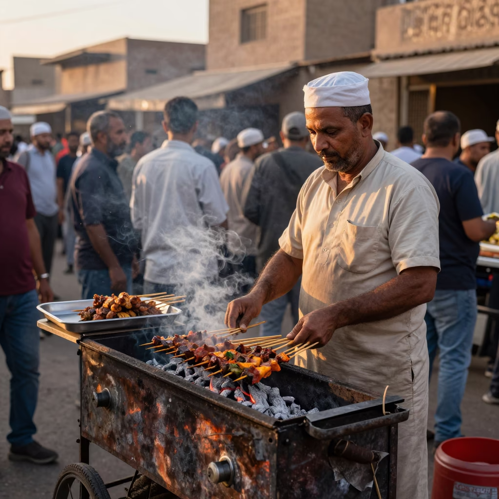 Street Food Vendor Selling Sate Skewers Over Charcoal at Sunset in Luxor Egypt in in Luxor, Egypt