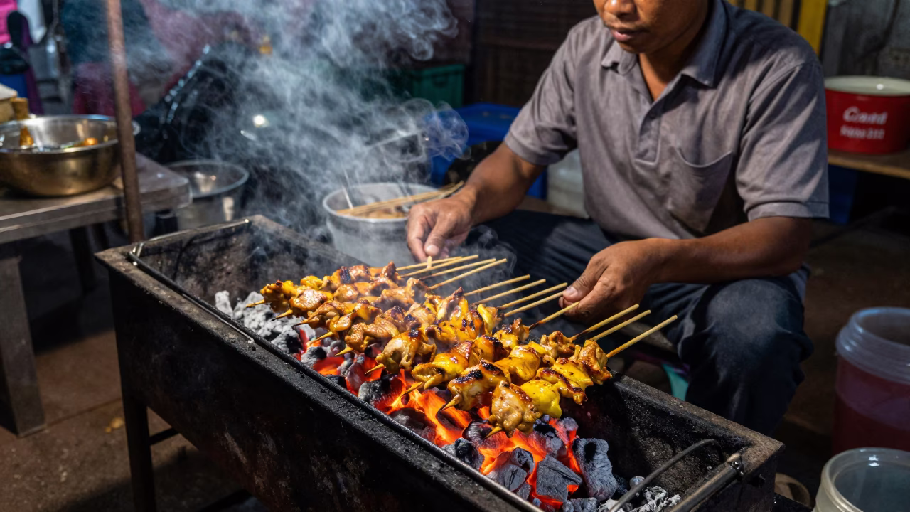 Street Food Vendor Selling Sate Skewers Over Charcoal in Phnom Penh Cambodia Early Evening in in Phnom Penh, Cambodia