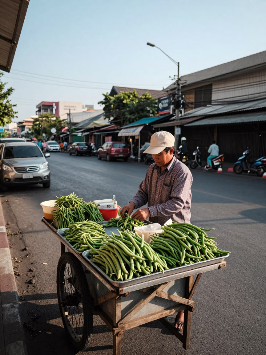 Street Food Vendor Selling String Beans in Bangkok Thailand Late Afternoon in in Bangkok, Thailand