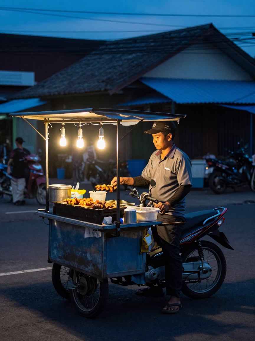 Street Food Vendor Selling Suya Skewers on Surabaya Road at Blue Hour After Sunset in in Surabaya, Indonesia