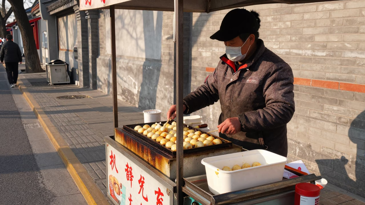 Street Food Vendor Selling Takoyaki on a Beijing Sidewalk in the Early Afternoon in in Beijing, China