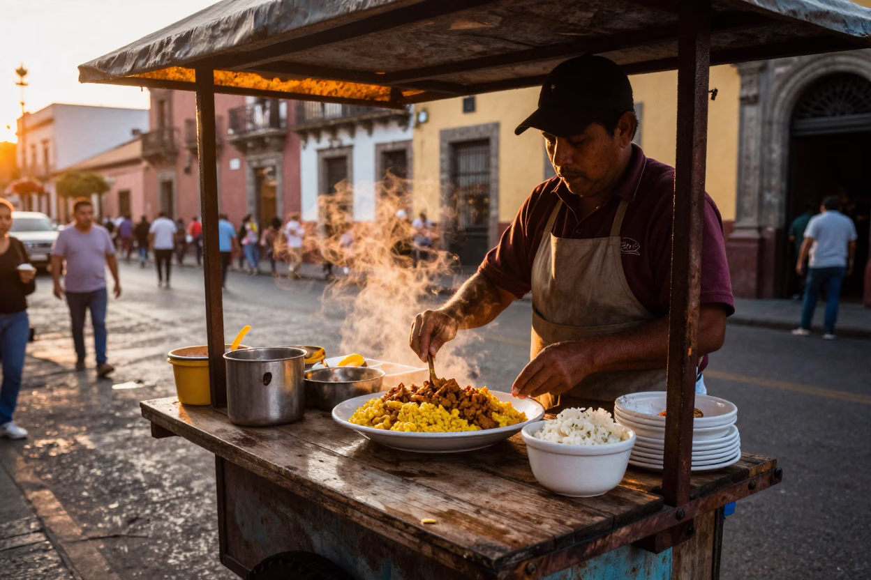 Street Food Vendor Serving Aji de Gallina in Mexico City During Sunset in in Mexico City, Mexico
