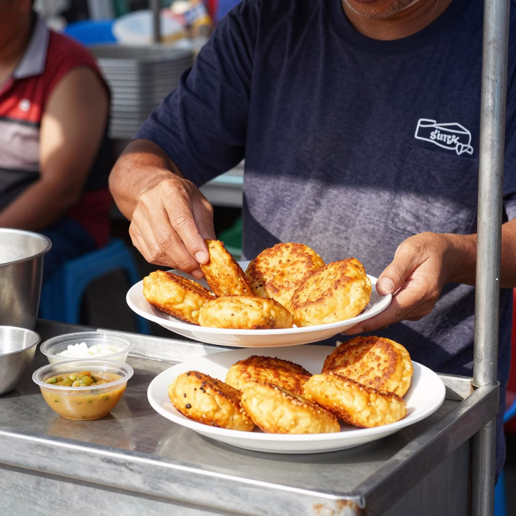 Street Food Vendor Serving Aloo Tikki with Chutneys in Bangkok Midmorning Light in in Bangkok, Thailand