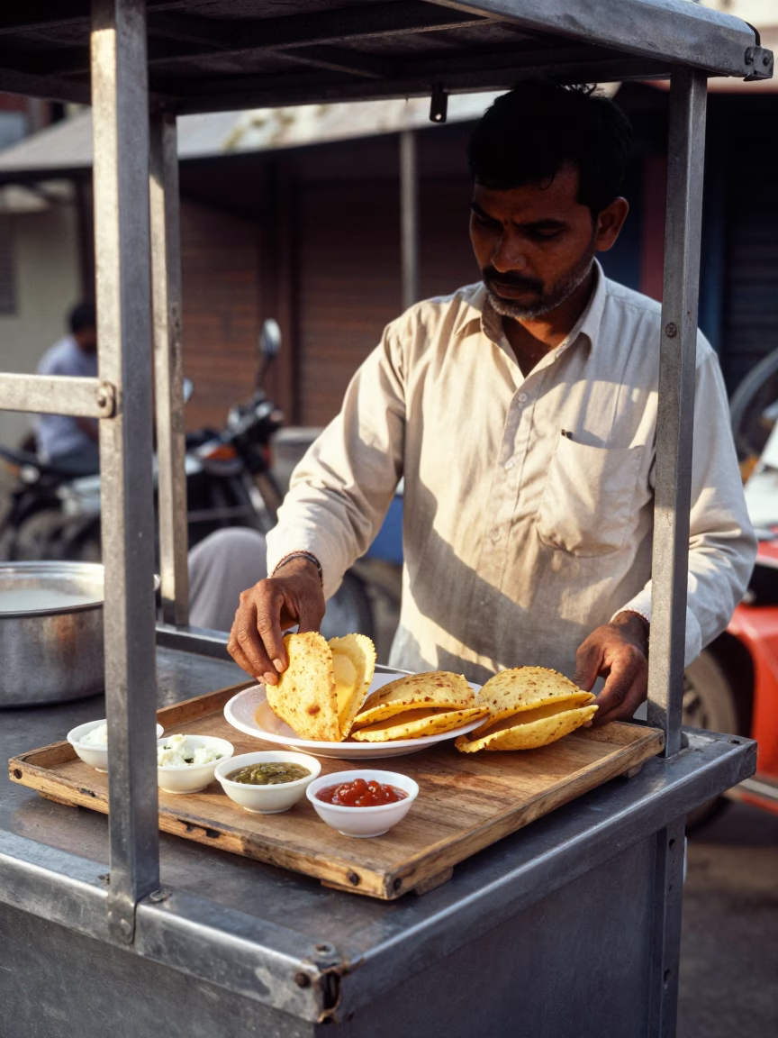 Street Food Vendor Serving Aloo Tikki with Chutneys in Hyderabad India Morning Light in in Hyderabad, India