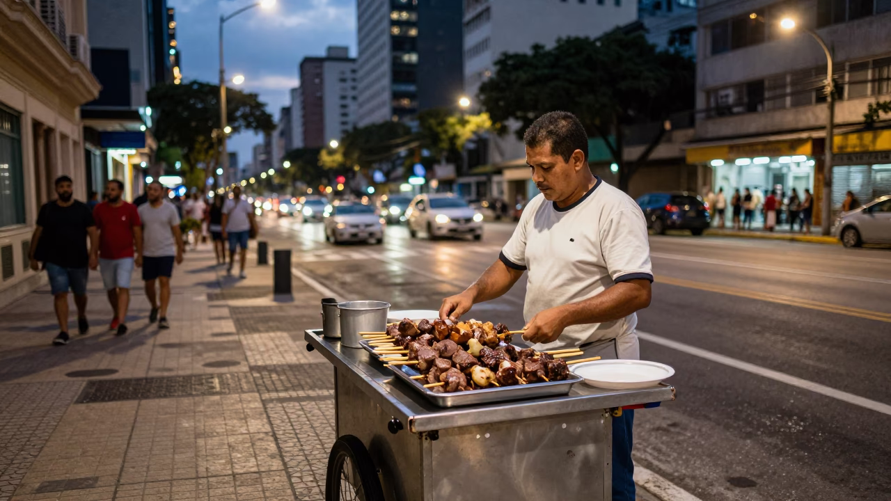 Street Food Vendor Serving Anticuchos in São Paulo at Dusk in in São Paulo, Brazil