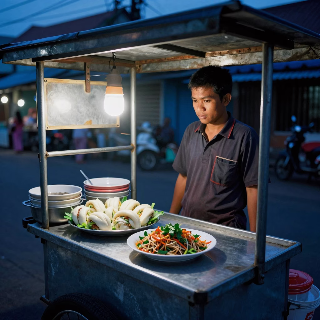 Street food vendor serving bun cha with fresh herbs in Yogyakarta evening blue light in in Yogyakarta, Indonesia
