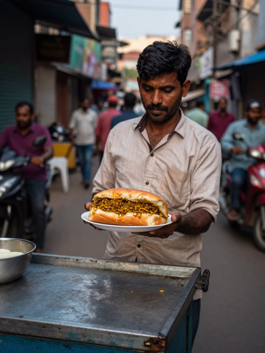 Street Food Vendor Serving Bunny Chow Curry in Hyderabad Early Evening Light in in Hyderabad, India